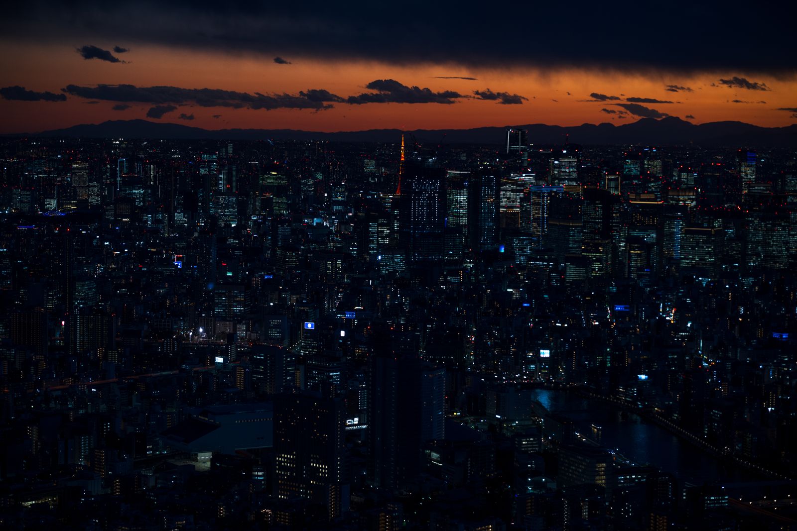 A stunning twilight view of Tokyo's vibrant cityscape featuring iconic landmarks and city lights.