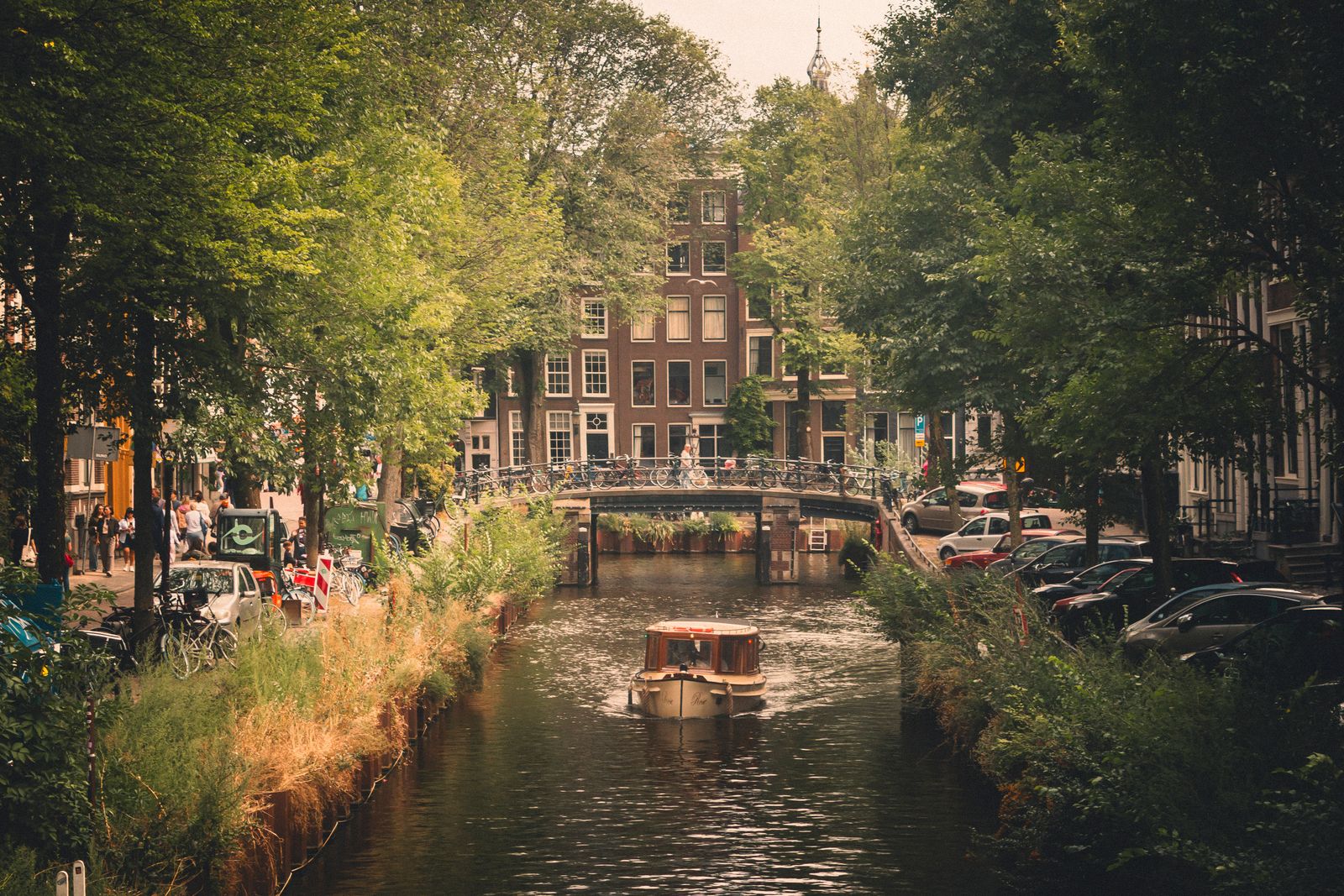 Picturesque view of a boat on an Amsterdam canal surrounded by lush greenery and classic architecture.