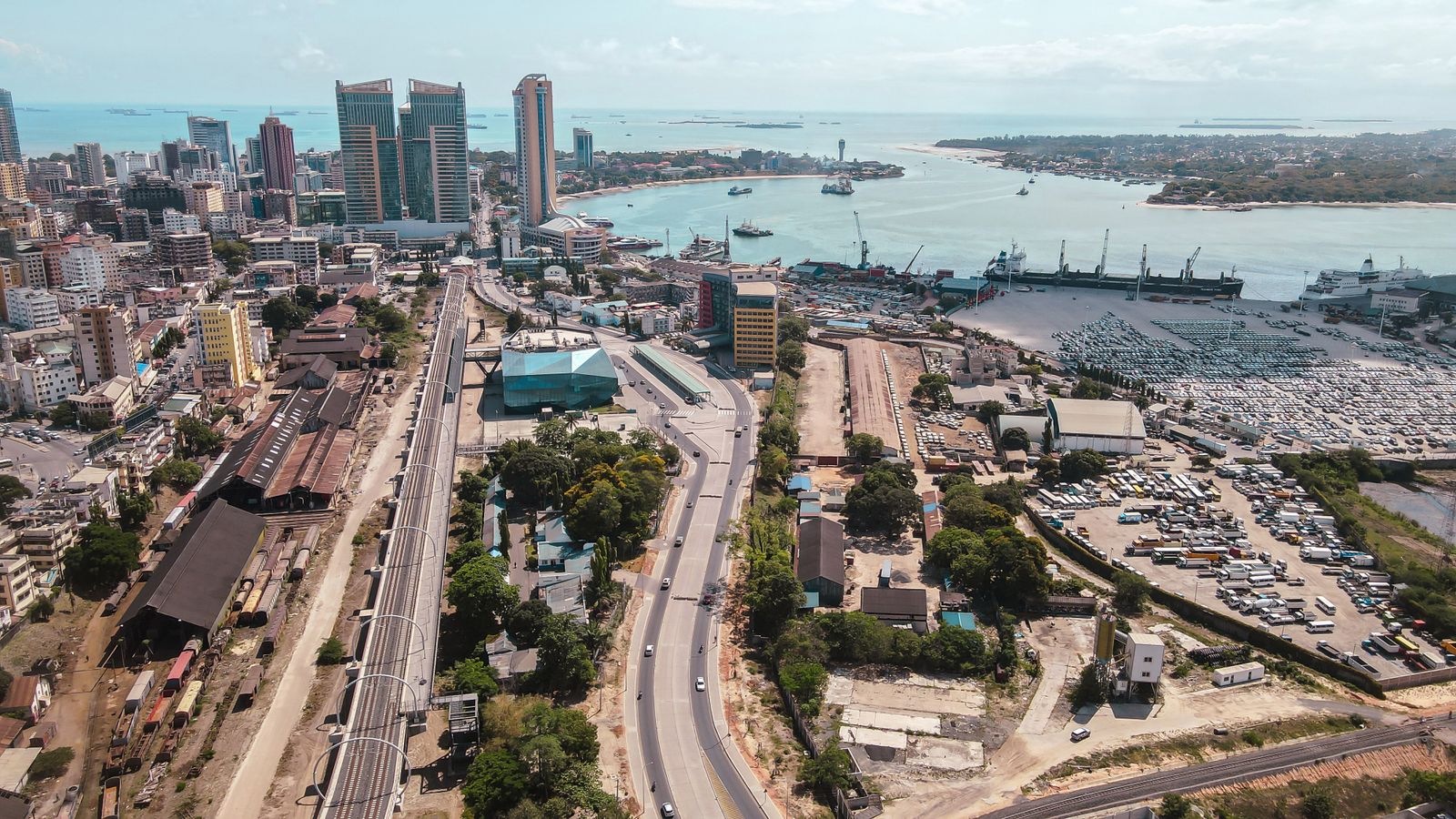 A stunning aerial view of Dar es Salaam showcasing its bustling harbor and urban skyline.